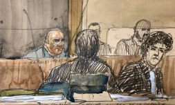 Croquis d'audience de Gabriel Fortin (g), avec ses avocats Laëtitia Galland (c) et Romaric Château, lors de son procès devant la cour d'assises de la Drôme, le 13 juin 2023 à Valence