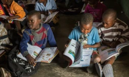 Des élèves dans une écoleoù les cours ont lieu en dialecte local, le 20 juin 2018 à Mitilene, au Mozambique 