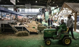 Un agriculteur sur son tracteur à la veille de l'ouverture du 61ème Salon de l'agriculture à Paris le 21 février 2025 