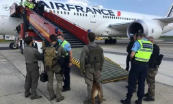 Des membres du GIGN et de la police aéroportuaire sur la piste de l'aéroport de Roissy-Charles de Gaulle, le 3 juin 2021 aporÚs une alerte à la bombe