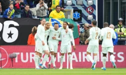 Les Bleus vainqueurs du Brésil grâce à des buts de Hugo Ekitike (N.22) et Kylian Mbappé (N.10) au Gillette Stadium à Foxborough, dans le Massachusetts, le 26 mars 2026 