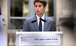 Le ministre de l'Education nationale Gabriel Attal lors d'une conférence de presse, le 28 août 2023 à Paris
