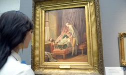 Photo prise le 18 septembre 2015 de "Louis Philippe Duc de Valois au berceau", datant de 1774, qui a atteint un record lors d'une vente aux enchères chez Sotheby's le 29 septembre 2015