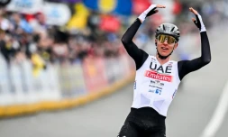 Le SlovÚne Tadej Pogacar à l'arrivée du Tour des Flandres, sa quatriÚme victoire dans un Monument du cyclisme, le 2 avril 2023 à Oudenaarde (Belgique)