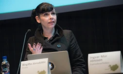 Birgitta Jonsdottir du parti Pirate participe à un débat à Reykjavik, en Islande, le 24 octobre 2016