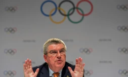 Le président du CIO Thomas Bach lors d'une conférence de presse le 15 septembre 2017 à Lima