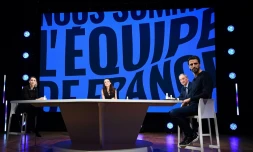 La présidente du Compité paralympique français Marie-Amélie Le Fur (g), son homologue du Comité olympique Denis Masseglia, Tony Estanguet (d) lors d'une réunion en visio à Aubervilliers, le 14 avril, 2021, à 100 jours des Jeux paralympiques