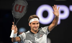 Le Suisse Roger Federer après sa victoire au 1er tour de l'Opend d'Australie face à  l'Autrichien Jürgen Melzer, le 16 janvier 2017 à Melbourne