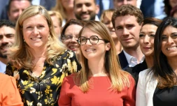 Aurore Berger (c), élue présidente du groupe Renaissance à l'Assemblée nationale, le 22 juin 2022 au Palais Bourbon, à Paris