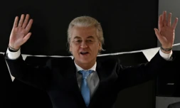Le dirigeant d'extrême droite néerlandais Geert Wilders lors d'un meeting post-électoral à La Haye, le 23 novembre 2023