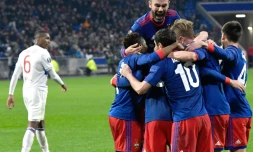 La joie des joueurs du CSKA Moscou après un but contre l'Olympique lyonnais, battu sur sa pelouse, le 15 mars 2018