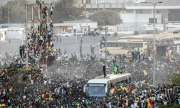 Des supporteurs accueillent les joueurs de football sénégalais, vainqueurs de la CAN, le 7 février 2022 à Dakar