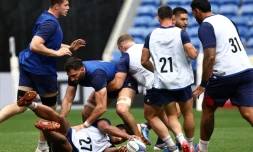 Les joueurs du XV de France à l'entraßnement à Décines, prÚs de Lyon, le 4 octobre 2023, à quelques jours du match contre l'Italie