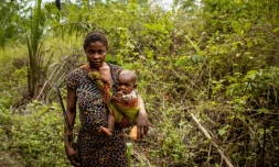 Une jeune pygmée et son enfant à la cueillette de fruits et herbes, à Sakoungou le 11 mars 2022