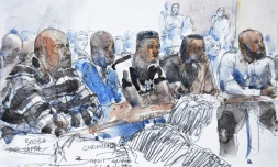 Croquis d'audience représentant Booba (G) et Kaaris (D), lors de leur procès le 6 septembre 2018 à Créteil