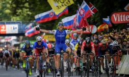 Le coureur allemand de la Quick-Step Marcel Kittel vainqueur du sprint de la 2e étape à Liège, le 2 juillet 2017