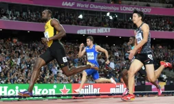 La star du sprint Usain Bolt lors des séries du 100 m aux Mondiaux à Londres, le 4 août 2017