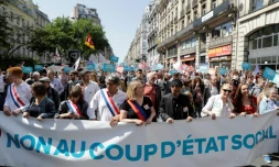 Des dĂ©putĂ©s LFI en tĂȘte du cortĂšge "La fĂȘte Ă Macron" le 5 mai 2018 Ă Paris