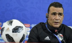 Le gardien de l'Egypte Essam El Hadary en conférence de presse à Volgograd le 24 juin lors du Mondial 2018 en Russie