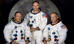 Neil Armstrong, Michael Collins et Buzz Aldrin (de gauche Ă droite), le 30 mars 1969 au centre spatial Kennedy