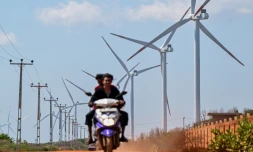 Cette photo, prise le 2 octobre 2026, montre un motard passant devant des éoliennes installées le long d'une route de la péninsule de Mannar, au Sri Lanka