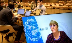 La Haute-Commissaire de l'ONU aux droits de l'homme, Michelle Bachelet, prononce son discours Ă distance lors de l’ouverture d'une rĂ©union extraordinaire du Conseil des droits de l'homme de l'ONU, le 27 mai 2021