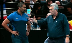Claude Onesta et Didier Dinart, son adjoint, lors du match de l'équipe de France contre le Danemark à Paris, le 10 janvier 2016