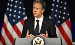 Le secrétaire d'Etat américain Antony Blinken lors d'un discours sur la politique des Etats-Unis envers la Chine, à l'université George Washington, le 26 mai 2022 à Washington 
