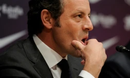 L'ancien président du FC Barcelone Sandro Rosell lors de la conférence de presse annonçant sa démission, le 23 janvier 2014 à Barcelone   