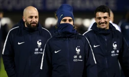 Antoine Griezmann et Léo Dubois après un entraînement à Clairefontaine (Yvelines) le 11 novembre 2019