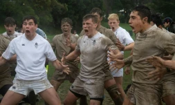 Des élÚves de la Whanganui Collegiate School dansent le haka lors du Tournoi quadrangulaire face au Nelson College, à Wellington, le 3 juillet 2019