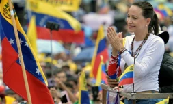 La cheffe de l'opposition vénézuélienne Maria Corina Machado lors d'un rassemblement de campagne du candidat à la présidence Edmundo Gonzalez Urrutia, à Barinas, au Venezuela, le 6 juillet 2024