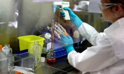 Une technicienne travaille sur les cellules CAR-T dans un laboratoire de la biotech française Cellectis, le 23 septembre 2021 à Paris