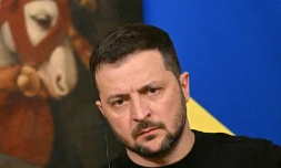 Le président ukrainien Volodymyr Zelensky le 13 mai 2023 lors d'une conférence de presse au Palais Chigi à Rome