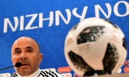 Le sélectionneur de l'Argentine, Jorge Sampaoli, pendant une conférence de presse le 20 juin 2018 avant le match contre la Croatie à Nijni Novgorod 