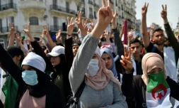Des manifestants algériens font le V de la victoire lors d'une manifestation anti-gouvernementale à Alger le 23 avril 2019