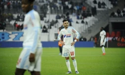 La déception de milieu de terrain de l'OM Rémy Cabella après le match nul concédé face Montpellier, le 6 décembre 2015 au Vélodrome