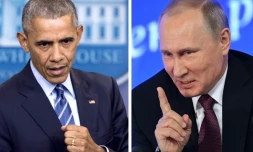 Un combo avec une photo de Barack Obama du 16 décembre 2016 à la Maison Blanche et une photo de Vladimir Poutine du 23 décembre 2016 à Moscou