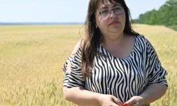 L'agricultrice ukrainienne Nadia Ivanova devant un champ de blé à Mykolaïv, dans le sud de l'Ukraine, le 11 juin 2022