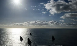 Les trimarans de l'Ultim Challenge, aprÚs le départ à Brest, le 7 janvier 2024