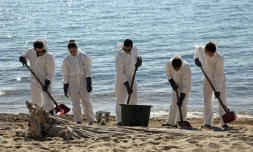 Des pompiers et des membres de la sécurité civile nettoient la plage de Solaro après une pollution aux hydrocarbures, le 14 juin 2021 en Haute-Corse