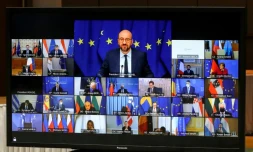 Le président du Conseil européen Charles Michel à l'ouverture du sommet qui se tient en visioconférence, le 25 mars 2021