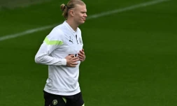 L'attaquant norvégien de Manchester City, Erling Haaland, lors d'une séance d'entraînement à Manchester, le 8 mai 2023, à la veille de la demi-finale aller de la Ligue des champions 2023 contre le Real Madrid