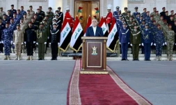 Une photo fournie par le bureau du Premier ministre irakien Haider al-Abadi montre ce dernier prononçant un discours pour annoncer la victoire militaire contre le groupe jihadiste Etat islamique (EI), le 9 décembre 2017
