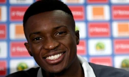 L'attaquant du Cameroun Benjamin Moukandjo en conférence de presse la veille de la finale de la CAN face à l'Egypte, le 4 février 2017 à Libreville 