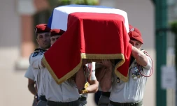 Hommage national au sergent-chef Florian Montorio, le 23 avril 2026 à Montauban (Tarn-et-Garonne). Ce casque   bleu a été tué le 18 avril dans une embuscade au Sud-Liban