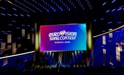 Logo du concours de l'Eurovision lors de la demi-finale de l'édition 2026 à Vienne, le 12 mai 2026.