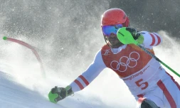 L'Autrichien Marcel Hirscher sort de la piste lors du slalom, à Jeongseon, le 22 février 2018