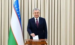 Le prĂ©sident réélu de lâOuzbĂ©kistan, Chavkat MirzioĂŻev, Ă Tachkent le 9 juillet 2023