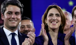 Valérie Hayer et Gabriel Attal lors d'un meeting électoral à Aubervilliers en Seine-Saint-Denis, le 1er juin 2024